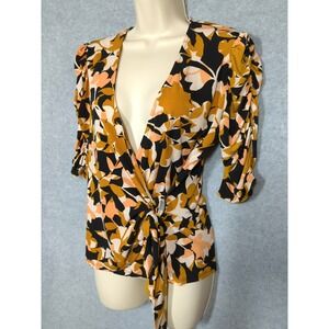 Faux Wrap Blouse Top M Stretch Ruched Sleeves Boho Appeal Coquette Chic Twist